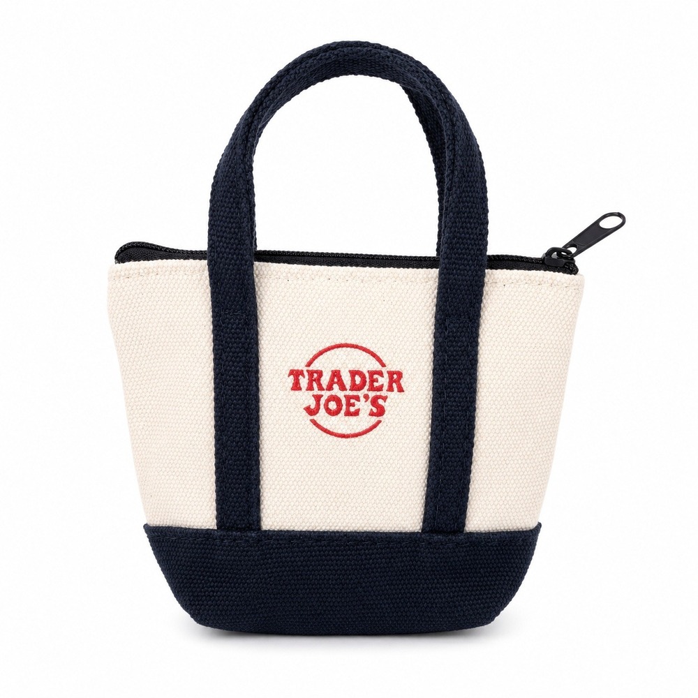 Trader Joe's Mini Canvas Tote Bag Coin Purse Navy Blue Cream Small Zipper Pouch